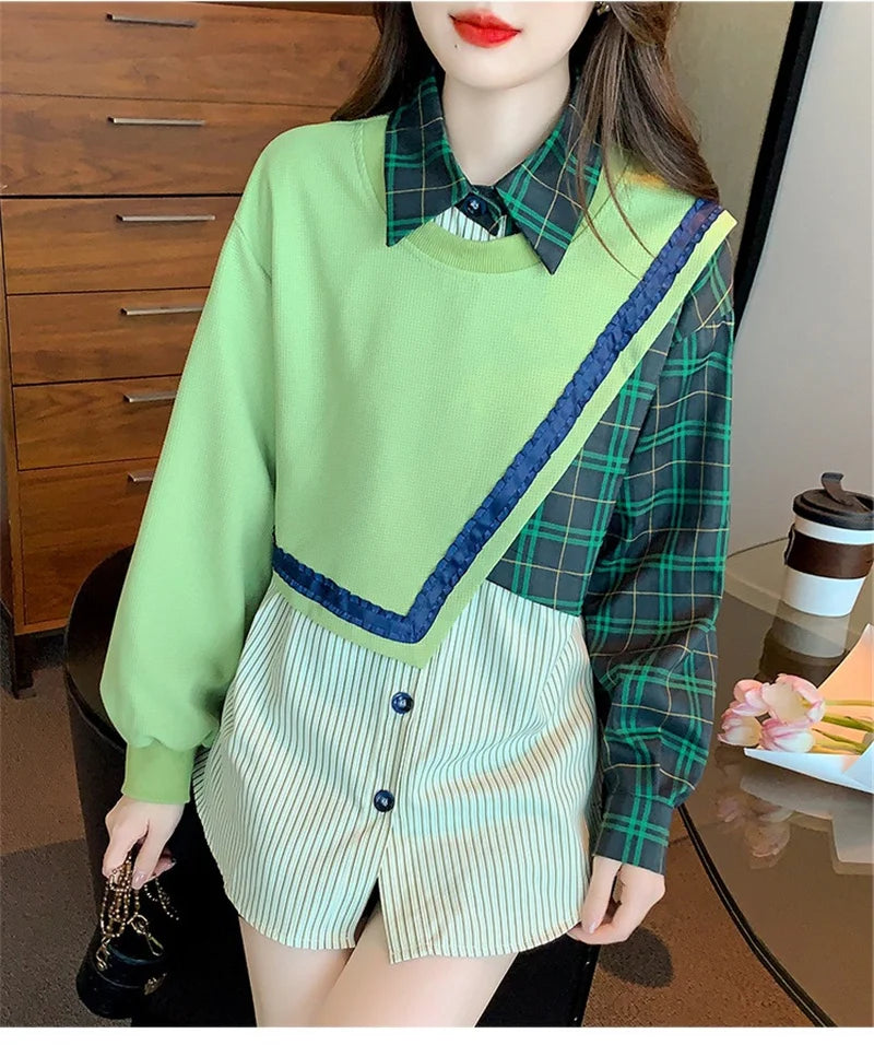 Spring Autumn Fashion Color Matching Fake Two-Piece Polo Neck Shirt Women's Korean Casual All-Match Chic Loose Blouse Female Top