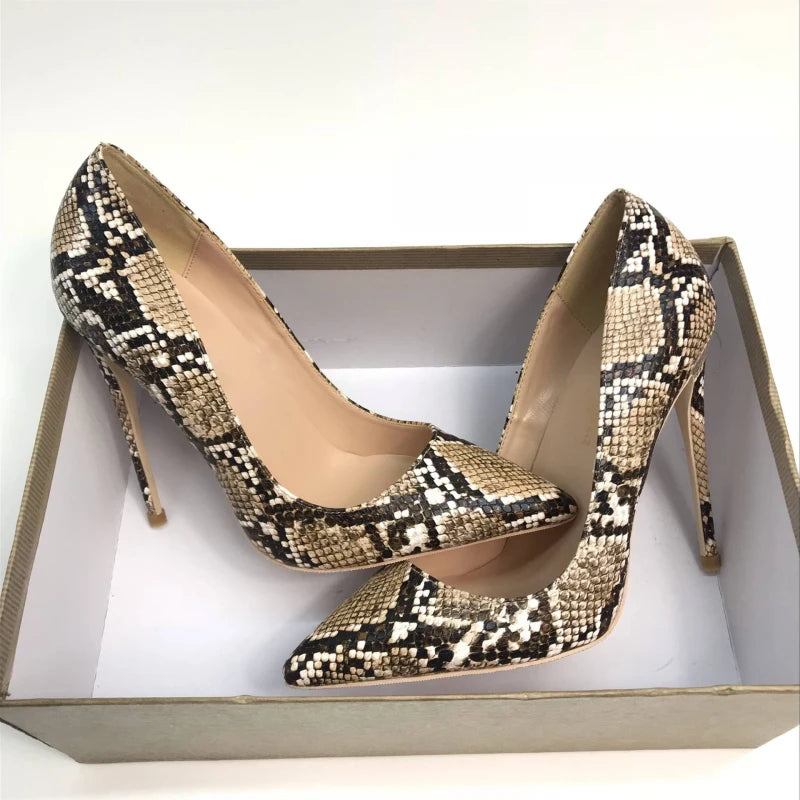 Brown Snake Print 12cm Extreme High Heel Pointed Toe Women Pumps Valentine Stiletto Woman Shoes Party Evening YG027 ROVICIYA