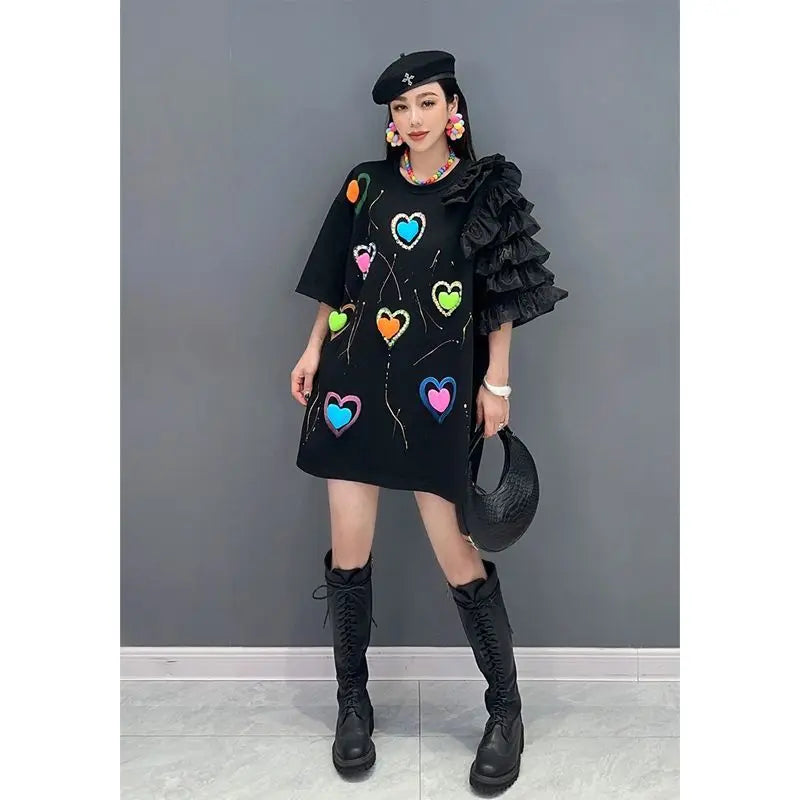 Luxury Women 3D Love Diamonds Beads T-shirts Ruffles Mesh Spliced Irregular Sleeve Tees Mid-Length Gauze Patchwork Jumpers Tops