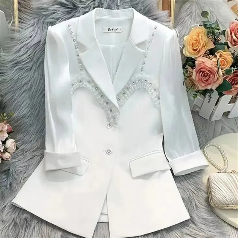 2024 Women's Blazer Bead Paillettes Femme Summer Sunscreen Jacket White New Suit Jacket Women's Fashion Thin Black Cardigan Blue