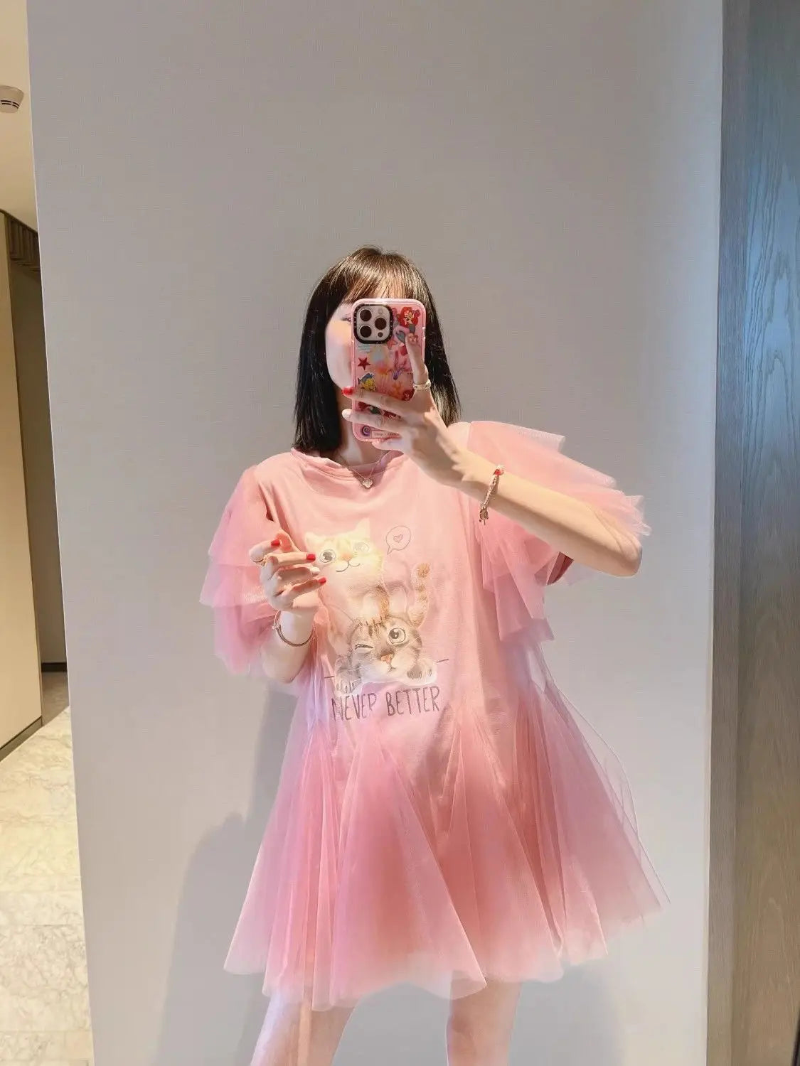 Luxury Cartoon Printed Pink Mesh Spliced Tees Dress Gauze Ruched Irregular T-shirts Dress Jumpers Short Flare Sleeve Crop Tops