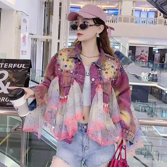 Spring New Women Mesh Patchwork Diamond Tie-dyed Hand-painted Graffiti Denim Jacket Streetwear Casual Long Sleeve Jeans Jackets