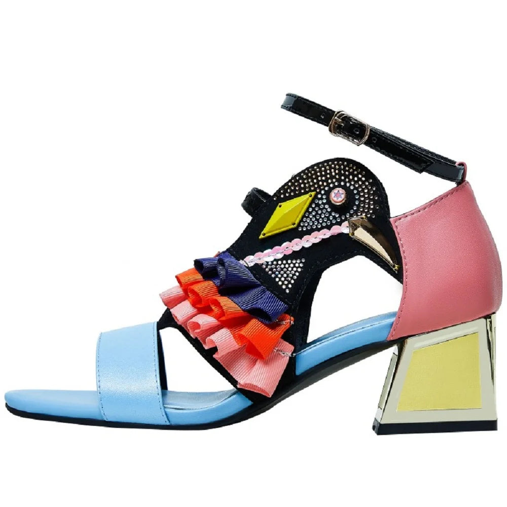 【JOCHEBED HU】New Designer High Heel Shoes Summer Sandals Ruffles Bird Decor Party Rhinestone Chunky Heel Novelty Sandalias 33-44