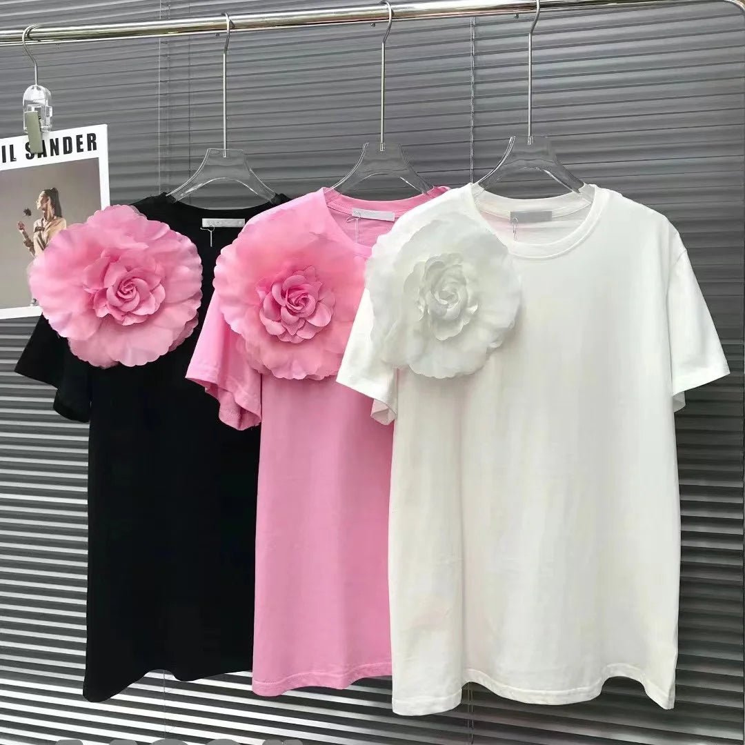 2024 Summer New In Cotton Tshirt Fashion Chic 3D Flower Short Sleeved T-shirt Women's Casual Tee Tops