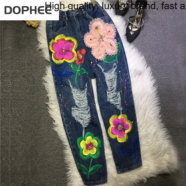 Mesh 3d Patch Flowers Beading Embroidery Streetwear Women Jeans 2023 New Summer Elastic Waist Straight Hole Denim Beggar Pants