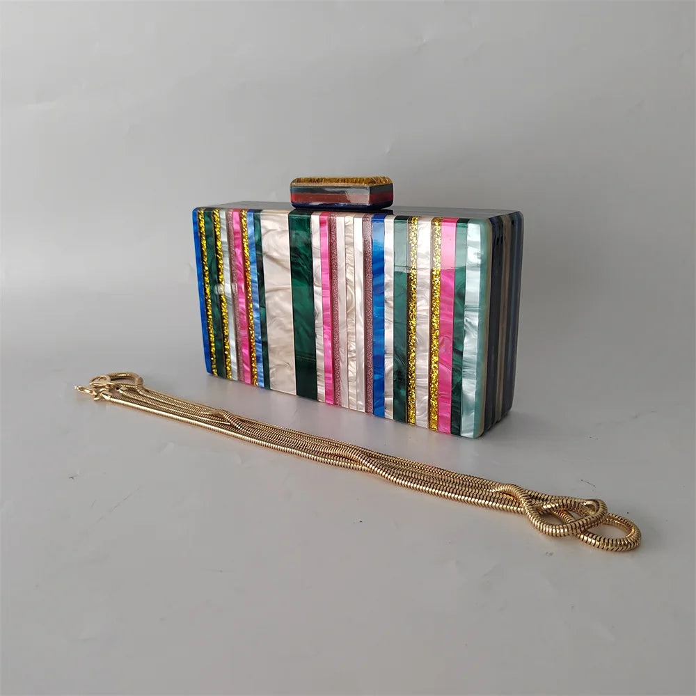 Mini Summer Messenger Bag Colorful Mix Striped Acrylic Box Evening Lady Patchwork Clutch Purse Wedding Party Prom Dress Handbag