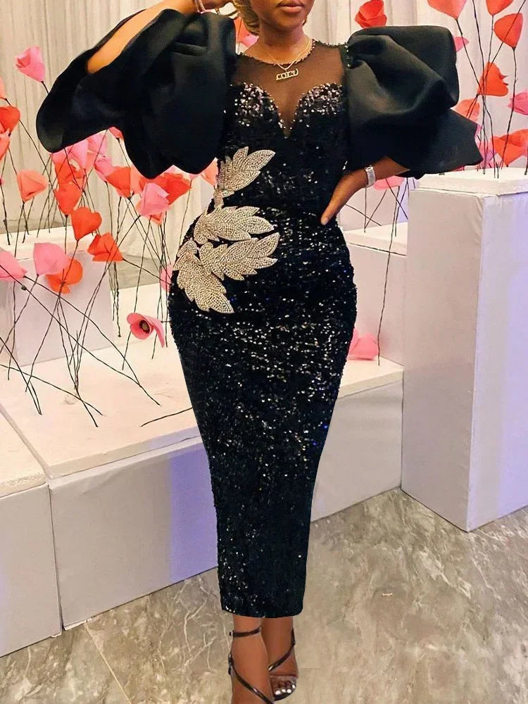 Women Plus Size Dress Sequin Black Embroidery Chest Wrapped Puff Sleeve Sparkly Dress Cocktail Wedding Guest Classy Party Dress