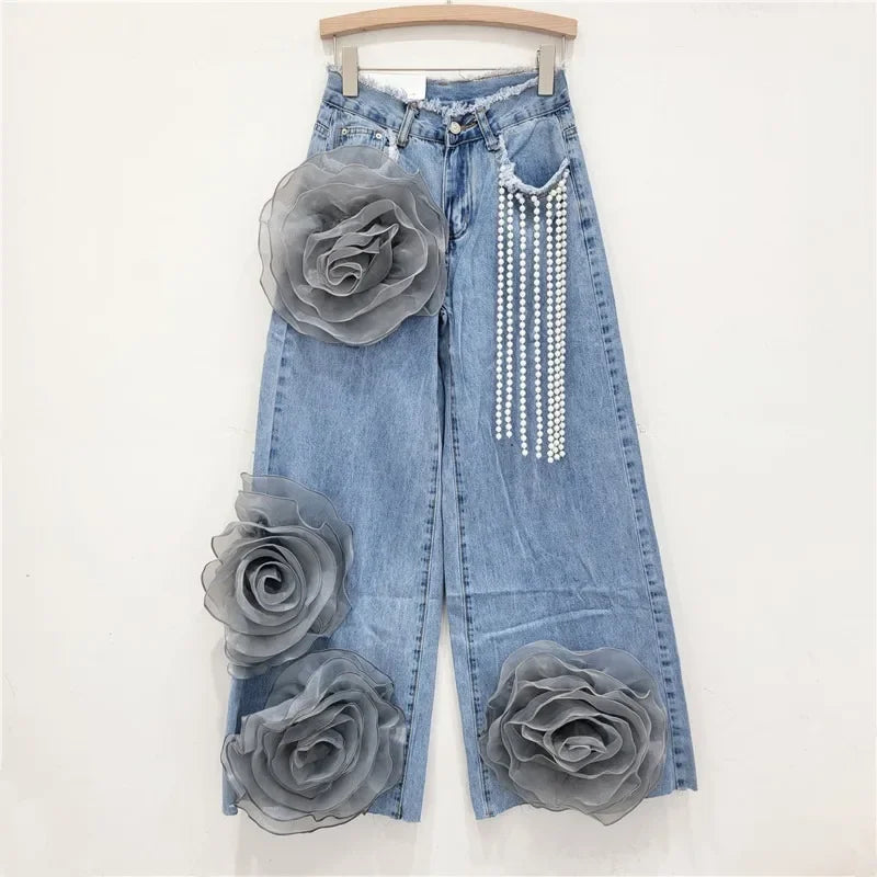 Woman 3D Mesh Flowers Spliced Beaded Fringed Jeans Straight Pearls Beaded Tassels Wide Legs Denim Pants Floral Cowboy Trousers