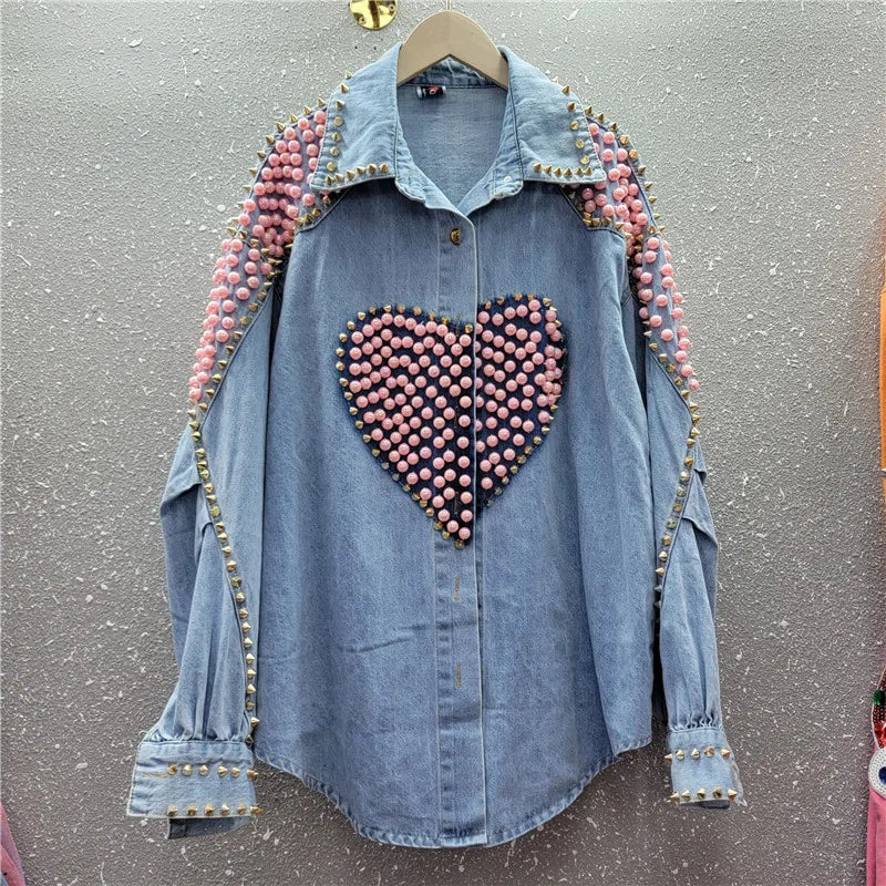 Spring Women Blue Denim Shirt Jacket Rivet Pearl Beaded Heart Pattern Casual Loose Long Sleeve Jeans Jackets Female Streetwear