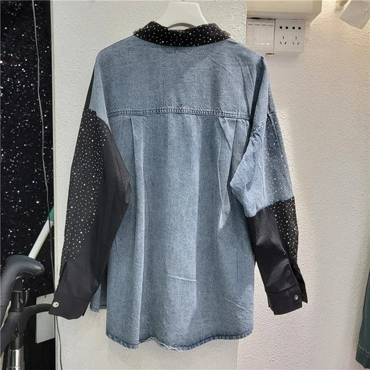 Fashion Colorblock Beaded Rhinestone Stitching Cowboy Black Blouse Women 2024 Spring New Loose Mid-Length Single-Brewed Shirt