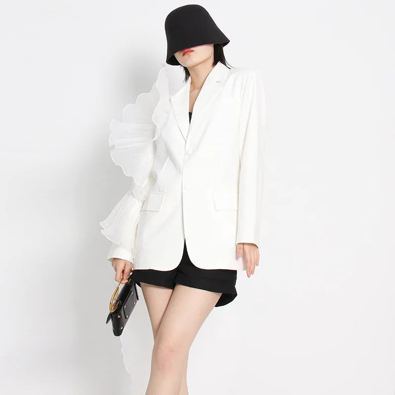 Spliced Mesh Ruffle Edge Suit Jacket Female Singer Dance Stage Performance Outfit Model Runway Red Carpet Fashion Clothing