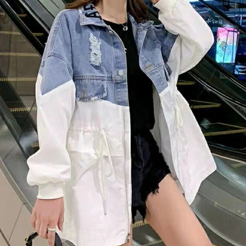 Women Casual Fashion Thin Denim Jackets 2023 Harajuku Patchwork Jacket Coats Long Sleeve Windbreaker Female Drawstring Outerwear