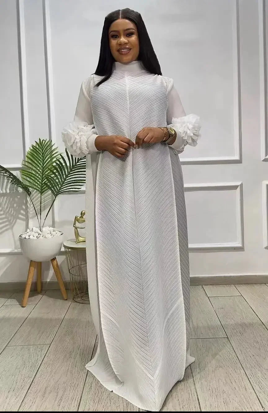 Miyake Pleated Long Dress Solid Color Long Sleeve Handmade Embroidery Temperament Long Loose Plus Size Women's Dress Hot Selling