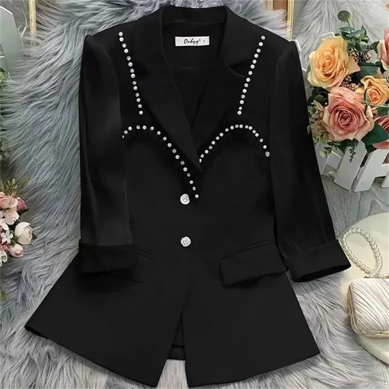 2024 Women's Blazer Bead Paillettes Femme Summer Sunscreen Jacket White New Suit Jacket Women's Fashion Thin Black Cardigan Blue