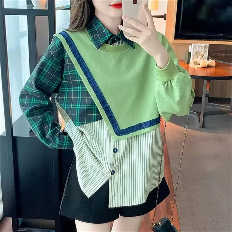 Spring Autumn Fashion Color Matching Fake Two-Piece Polo Neck Shirt Women's Korean Casual All-Match Chic Loose Blouse Female Top