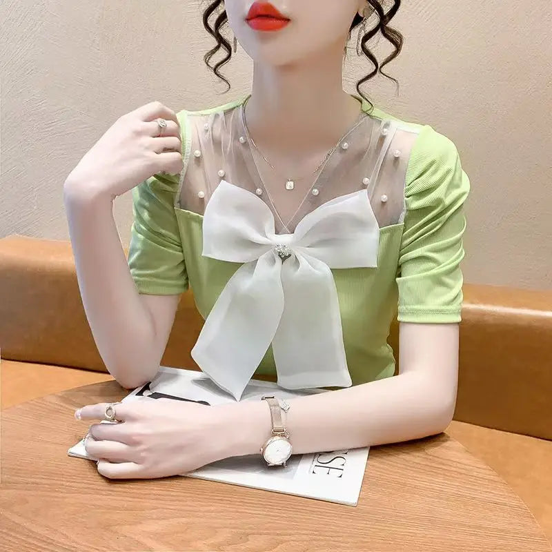 Sweet Summer Tees Women's T-shirt Fashion Beading Bow Splicing Mesh V-neck Short Sleeve Top Slimming Party T-shirt 2025 New