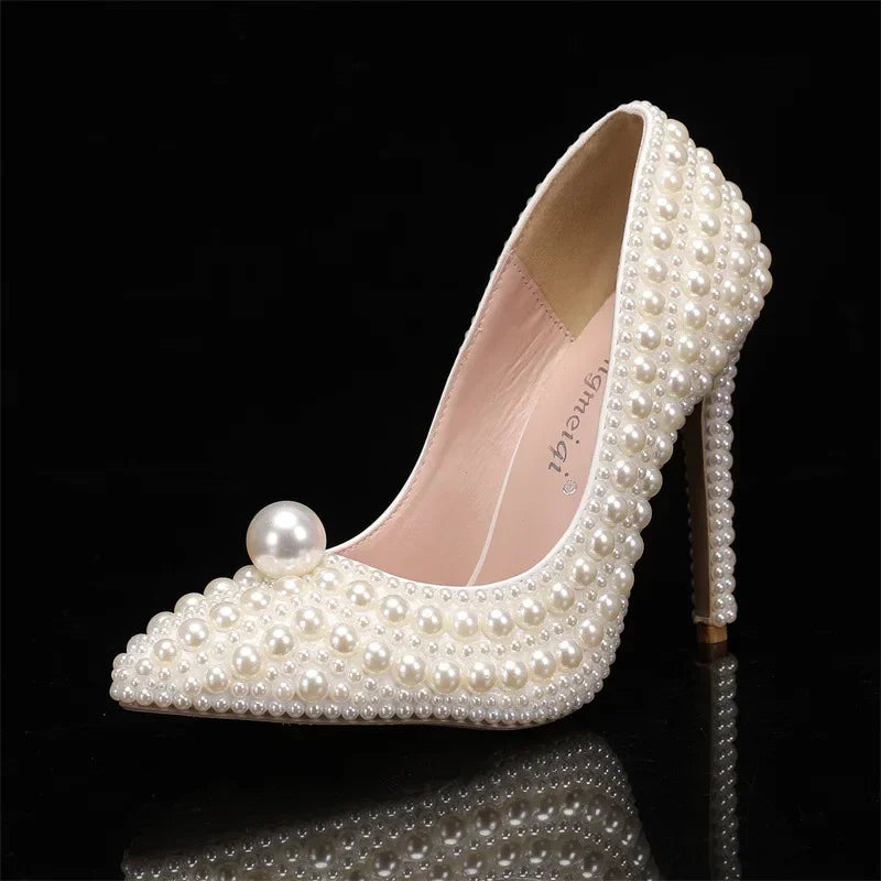 ALIDI SC New Pointed Pearl High Heels Women's Shoes with Fine Heels Wedding Dress Bridal Party Princess Shoes Size 35-43