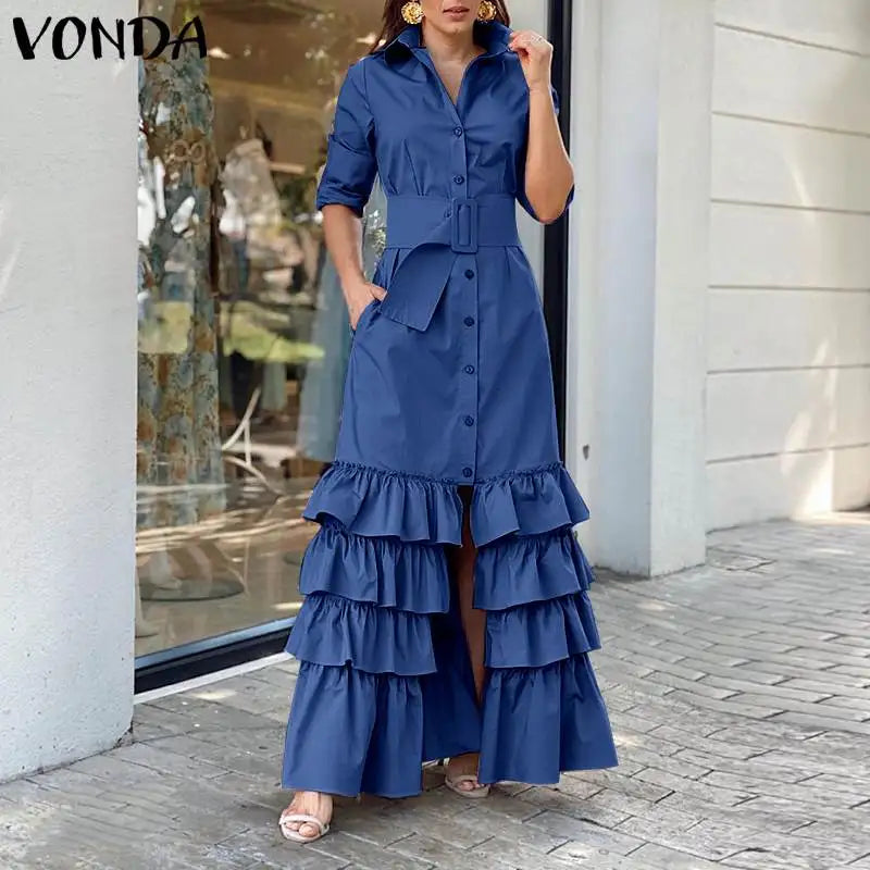 VONDA Autumn Elegant Shirt Dress 2023 Women Party Maxi Dresses Ladies Long Sleeve Solid Lapel Button Belted Elegant Long Vestido