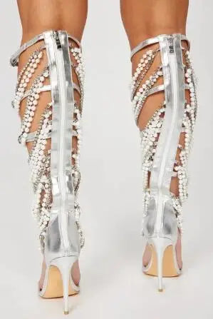 Sliver Leather Crystal Rhinestone White Pearl Chain Cross Strap Gladiator Cuts Out Thin Heels Knee High Sandals Boots Women