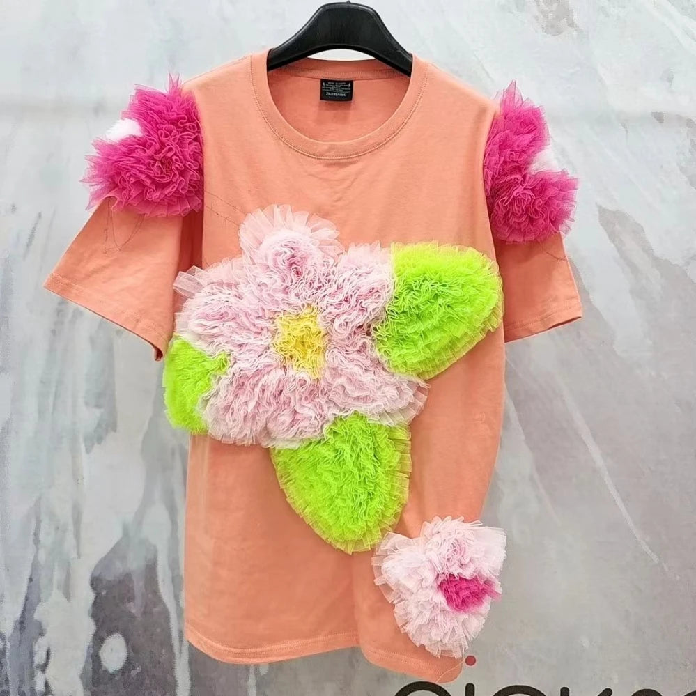 Luxury Mesh Patchwork Ruffles Flowers T-Shirts Loose Orange Gauze Pleated Floral Tees Lace Ruched Short Sleeves Jumpers Tops