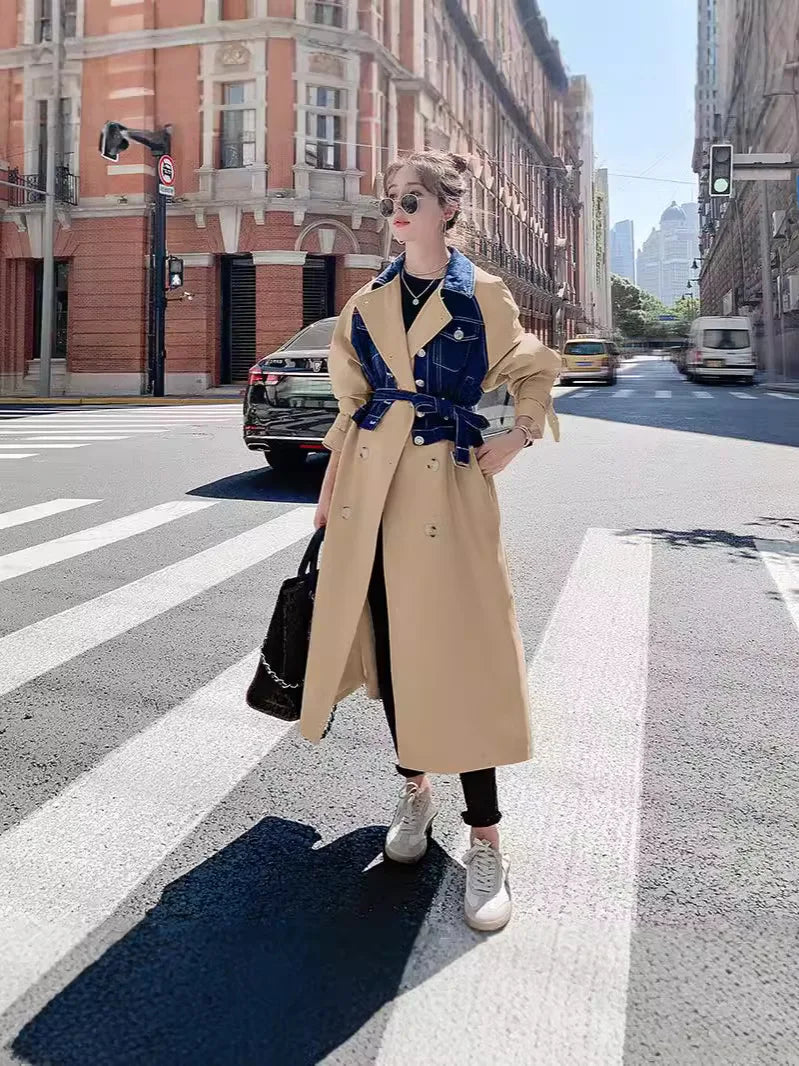 GALCAUR Colorblock Fashion Spliced Double Breasted Trench for Women Lapel Long Sleeve Patchwork Pockets Coat Female Clothing New