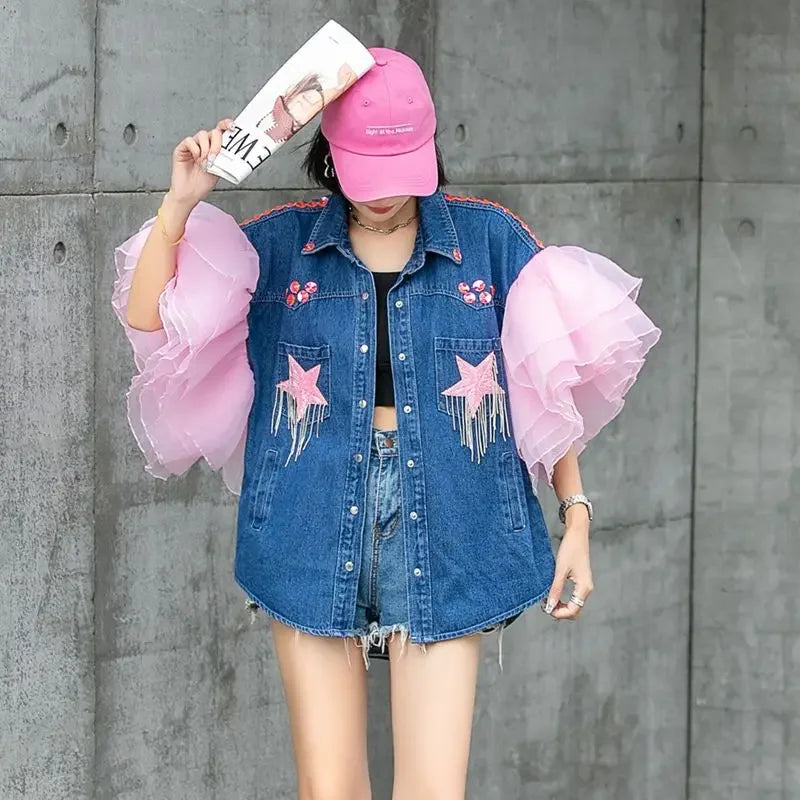 Mesh Splice 3D Ruffles Flowers Sleeve Denim Coat Stars Sequined Fringed Embroidery Jeans Bomber Jacket Tassels Gauze Cardigan