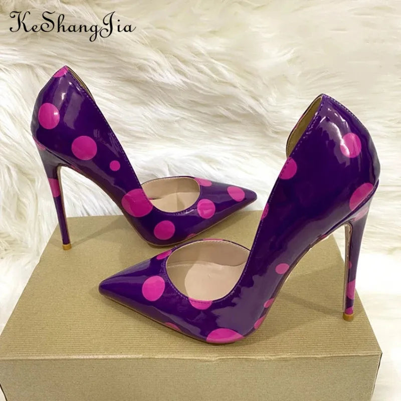 Keshangjia Rose Polka Dot Women Patent Leather Pointy Toe Stiletto High Heels Chic OL Ladies Slip On Pumps Printed Party Shoes