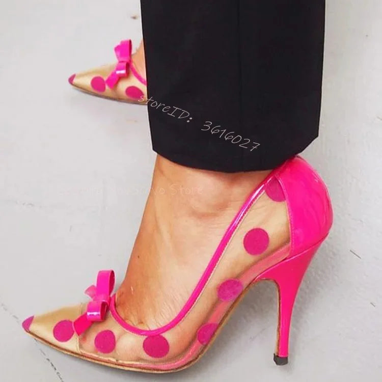 Hot Pink Patent Leather Pointed Toe Dots Clear Pumps with Bow Slip On Patchwork Stiletto Heels Fashion Women Sexy Dress Shoes