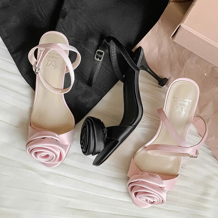 Elegant Pink Silk Women Sandals Flowers Decor Thin High Heels Party Pumps Black Chic Dress Summer Shoes Ankle Strap Sandalias