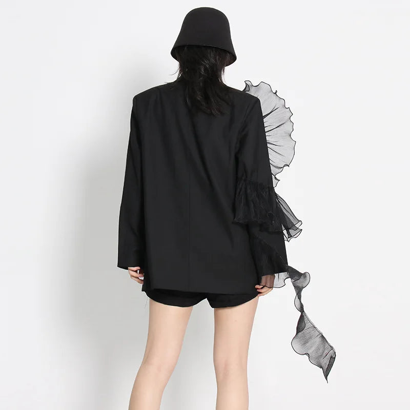 Spliced Mesh Ruffle Edge Suit Jacket Female Singer Dance Stage Performance Outfit Model Runway Red Carpet Fashion Clothing