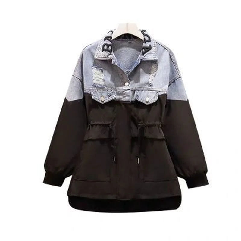 Women Casual Fashion Thin Denim Jackets 2023 Harajuku Patchwork Jacket Coats Long Sleeve Windbreaker Female Drawstring Outerwear