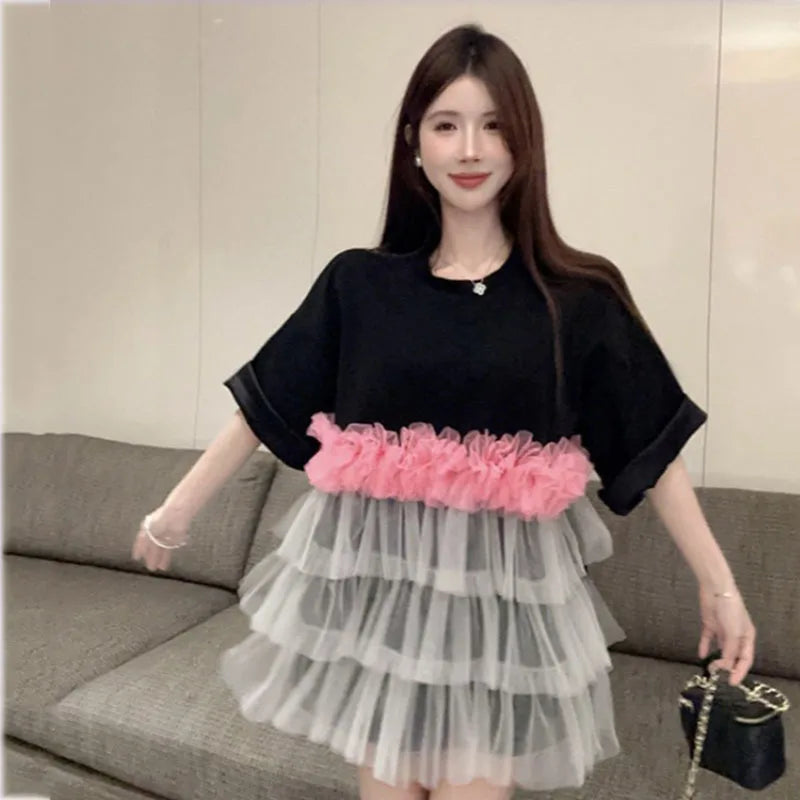 Spring Summer Women Mesh Spliced Ruffles T-shirts O-Neck Gauze Pleated Tees Mid Length Loose Contrast Color Jumpers Crop Tops