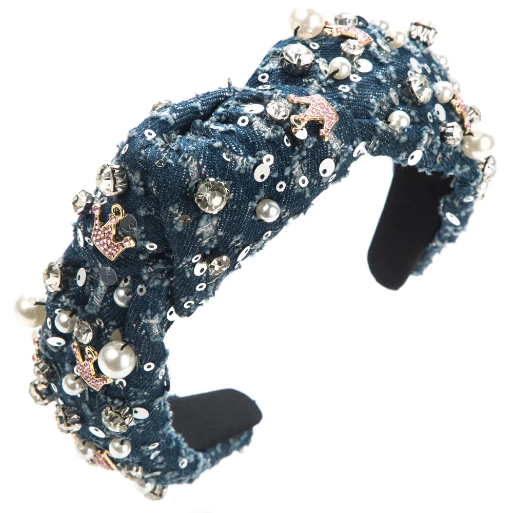 European and American New Denim Headband Hand-Stitched Pearl Rhinestone Crown Colored Loving Heart Knotted Hairband