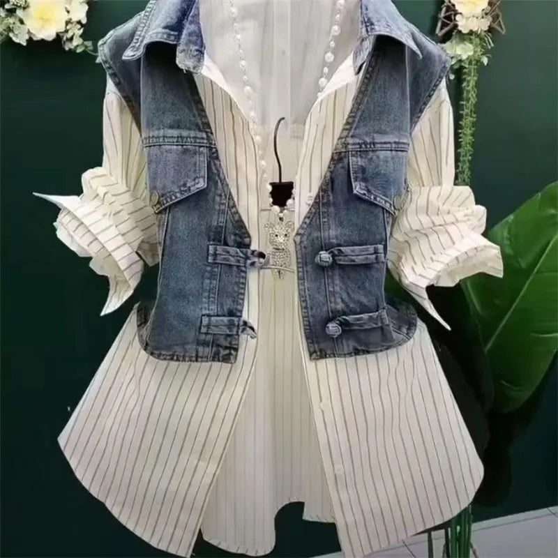 Chic Layered Denim Vest & White Blouse Set – Trendy Contrast Look