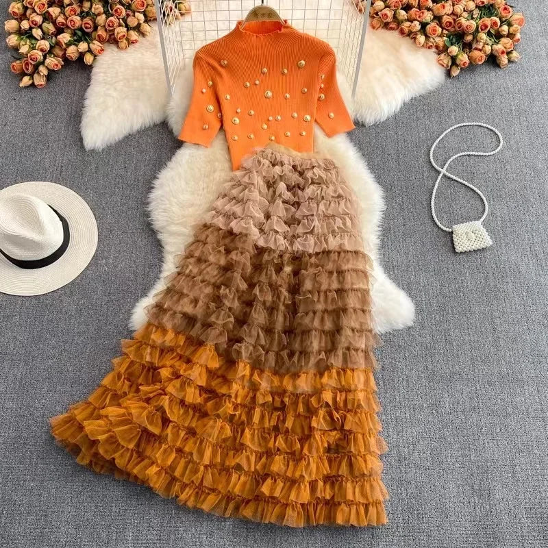 Runway Autumn Winter Two Piece Set Luxury Women Pearls Golden Button Knitted Sweater Tops + Mesh Ruffles Cake Long Skirt Suits