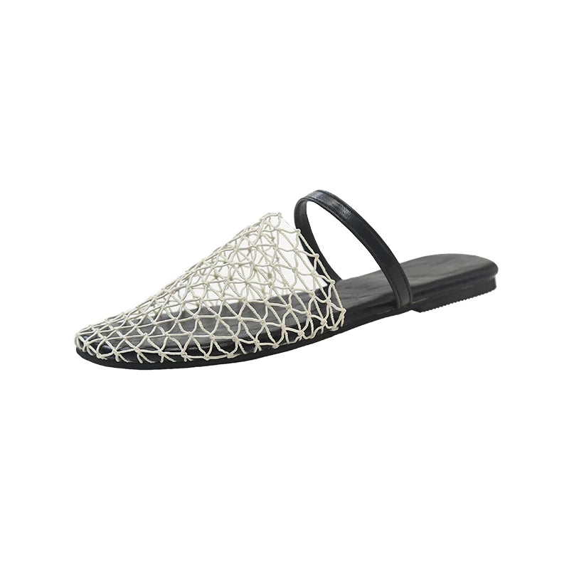 Crochet Net Mule Slippers Woman Chic Brand Design Mesh Flat Sandals Ladies Summer Elegant Hollow Out Fishnet Shoes