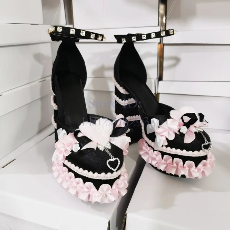 Sweet Pink Ruffles Chunky Heel Sandals Round Toe Platform Heart Crystal Ankle Buckle Strap Pumps Women Lolita Dress Shoes 2024