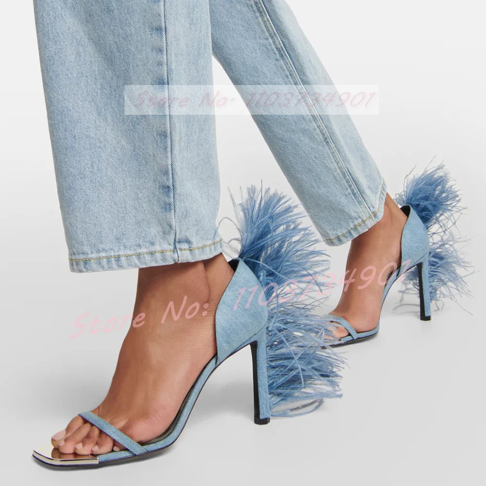 Back Furry Silver Toe Cover Heel Sandals Women Nightclub Toe Strap High Heels Shoes Lady Trendy Party Chic Punk Big Size Sandals