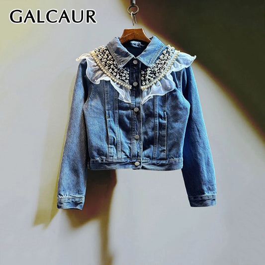 GALCAUR Solid Slimming Spliced Mesh High Street Jackets For Women Lapel Long Sleeves Patchwork Bead Fashion Coat Female Clothing