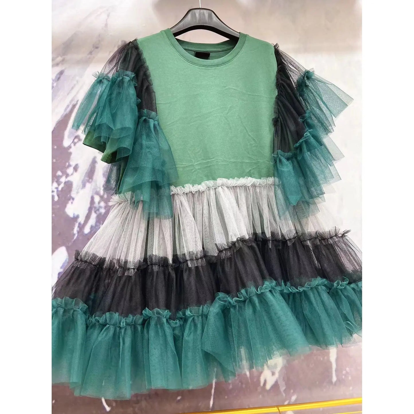 Chic Mesh Spliced Ruffles Pullovers T-shirt Contrast Color Net Yarn Skirt Patchwork Gauze Pleated Lotus Tees Jumpers Crop Top