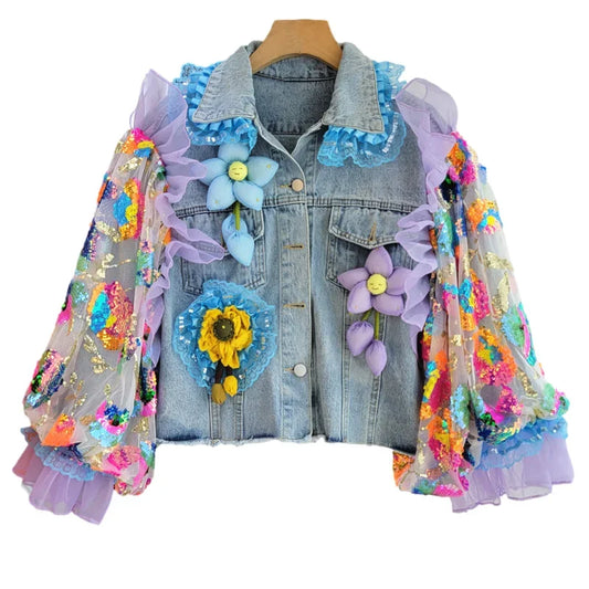 Fashion Hem Frayed Embroidery Denim Jacket Women Multicolour Sequins Mesh Sleeve Cowboy Outwear Loose Short Jeans Jacket Female