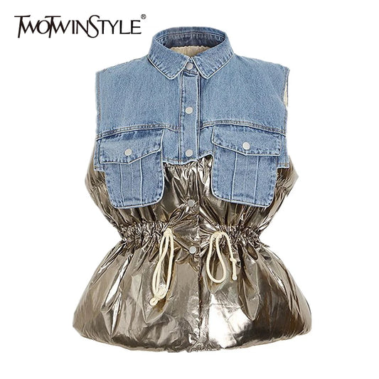 Casual Cotton Coat For Women Lapel Sleeveless Drawstring Patchwork Pocket Hit Color Vest Female Fashion New Winter