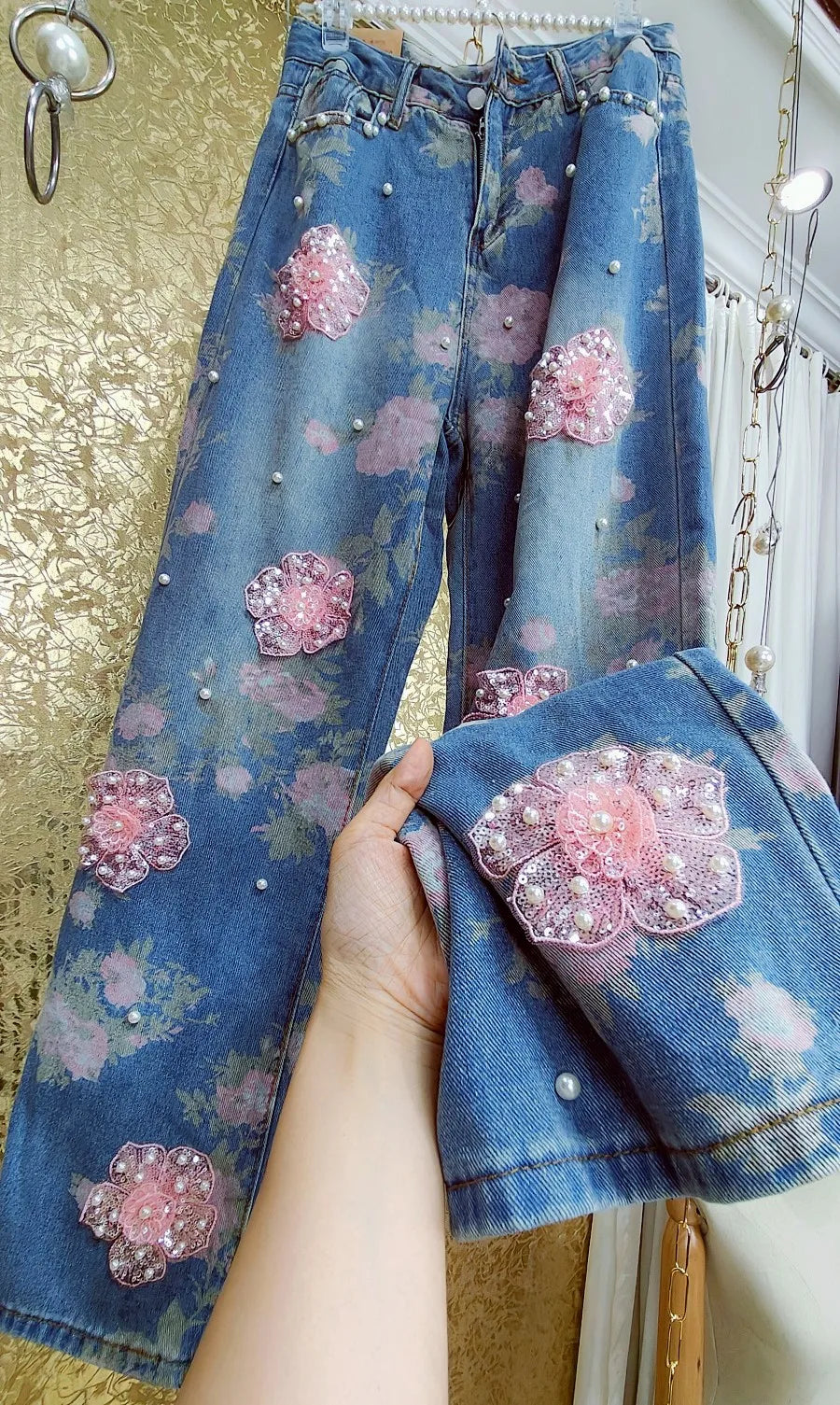 Luxury Handmade Beaded Pearls Beaded Sequins 3D Floral Embroidery Full Body Pink Flowers Denim Pants Wide Legs Jeans Trousers