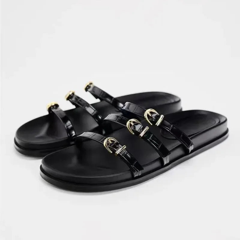 TRAF 2024 Women Black Flat Slippers Chic Metal Hollow Flat Sandals Summer Female Casual Outdoor Beach Peep Toe Flip-flops Shoes