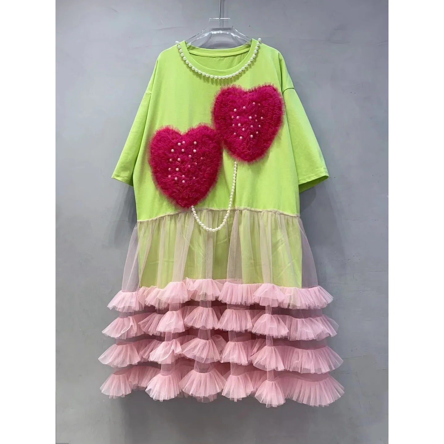 Chic Love Mesh Spliced Ruffles T-shirt Dress Pearls Beaded Chain Tassels Gauze Pleated Patchwork Tees Dress Jumpers Tops Vestido