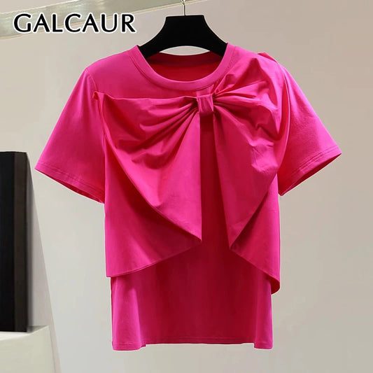 GALCAUR Solid Loose Minimalism T Shirts For Women Round Neck Short Sleeves Patchwork Bow Fashion Top Female Summer Clothing New