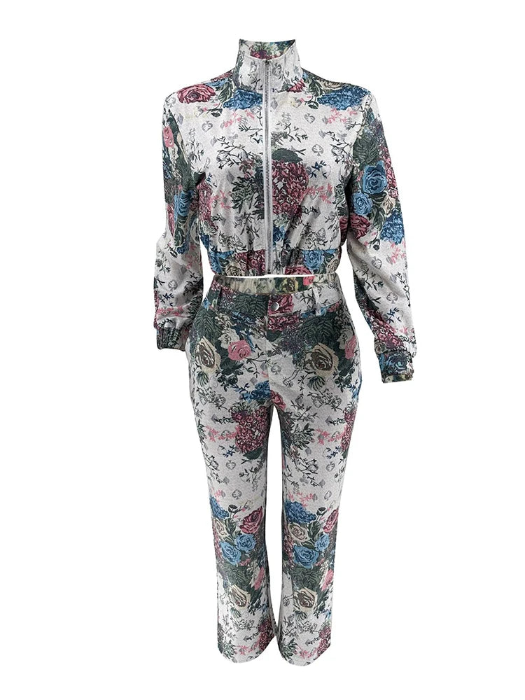 Street Tracksuit Two Piece Set Women Long Sleeves Zipper Jacket+High Waist Button Floral Print Wide Leg Cargo Pants Women Outfit