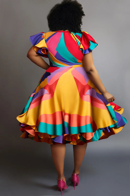 Pleated A-Line Ruffle Dress Plus Size Vintage Multicolor Round Neck Petal Sleeve Short Sleeve Elegant Sweet Satin Midi Dress