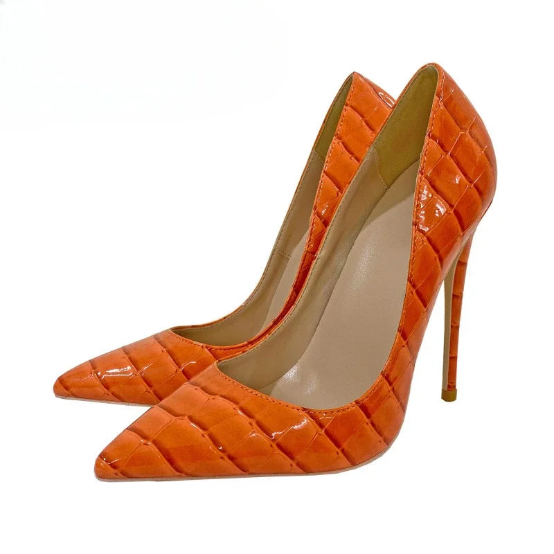 Party Women Pumps PU 12CM Stiletto 2022 New Orange Serpentine Pointed Shallow Mouth Roman Single Shoe Woman Shoe Brown