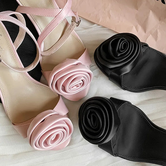 Elegant Pink Silk Women Sandals Flowers Decor Thin High Heels Party Pumps Black Chic Dress Summer Shoes Ankle Strap Sandalias